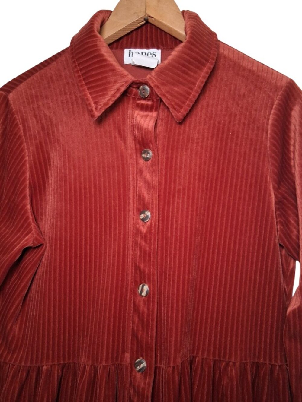 Vintage Hanes Signature Collection Dress Small Rust Ribbed Velour Button Earthy - Picture 6 of 11